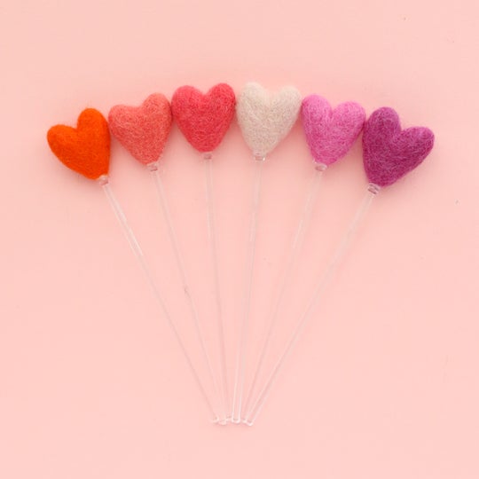 Pink Hearts Felt Ball Drink Stirrers - Cocktail Stirrer Set - Bar Cart Set Up