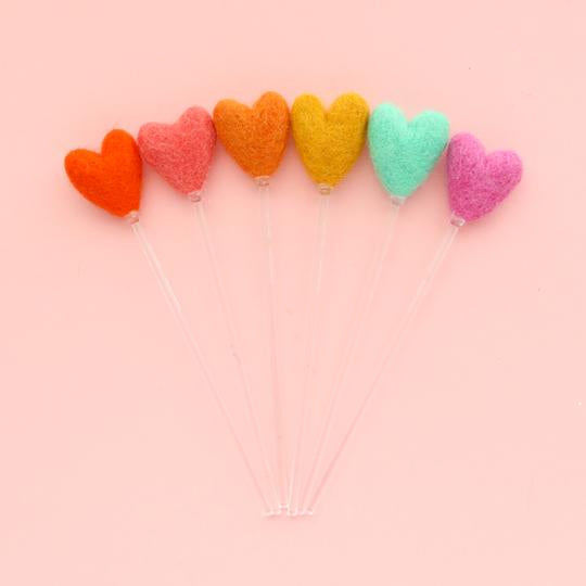 Rainbow Heart Felt Ball Drink Stirrers