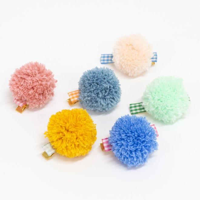 Gingham & Big Pompom Hair Clips