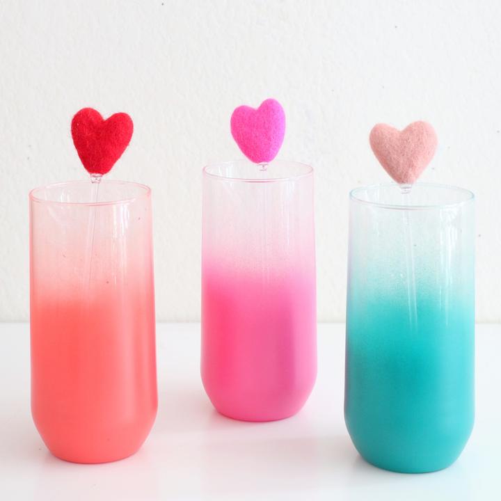 Rainbow Heart Felt Ball Drink Stirrers